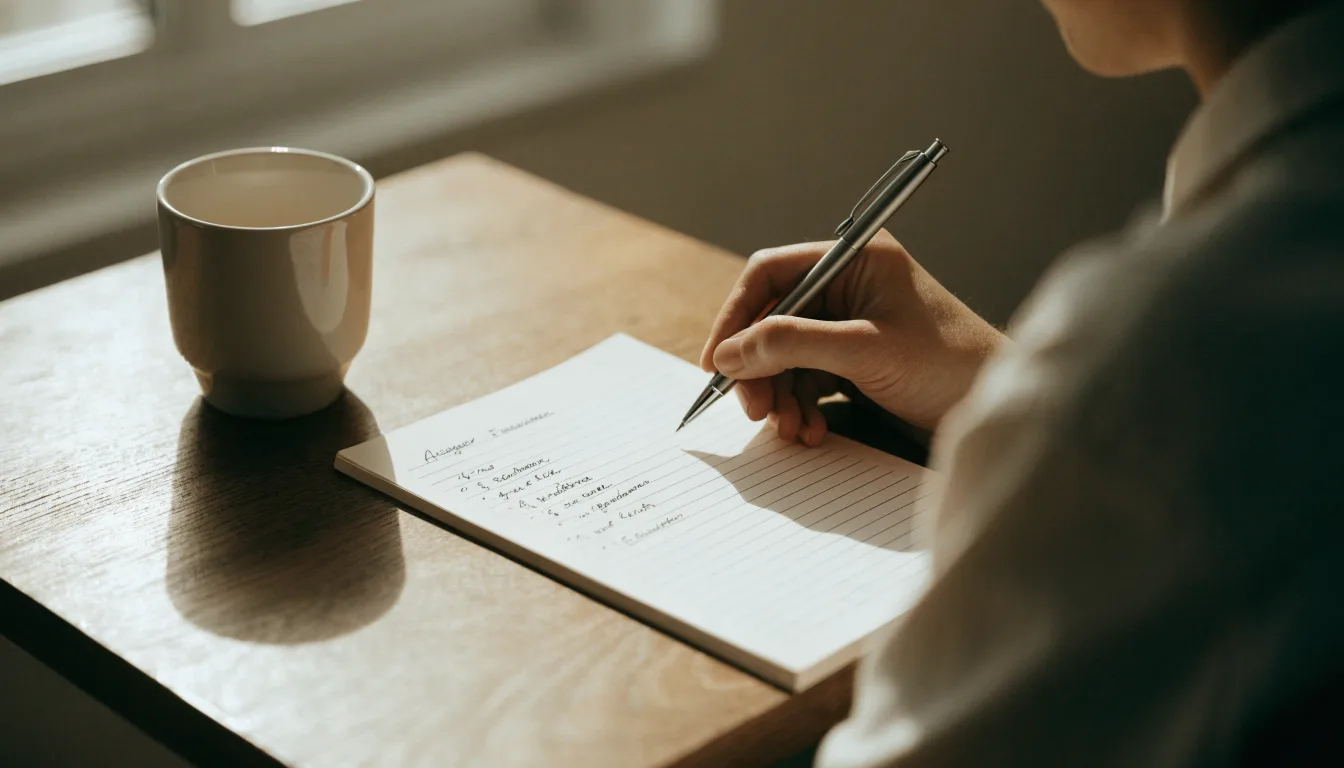 Ein Notizbuch mit handschriftlichen Notizen und ein Taschenrechner stehen auf einem Schreibtisch, daneben eine Tasse.