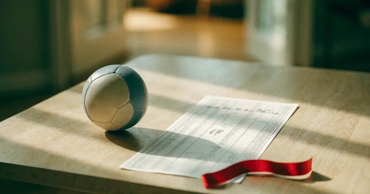 Ein kleines Geschenkband liegt neben einem Fußball und einem leeren Papier-Wettschein auf einem Holztisch im Tageslicht.