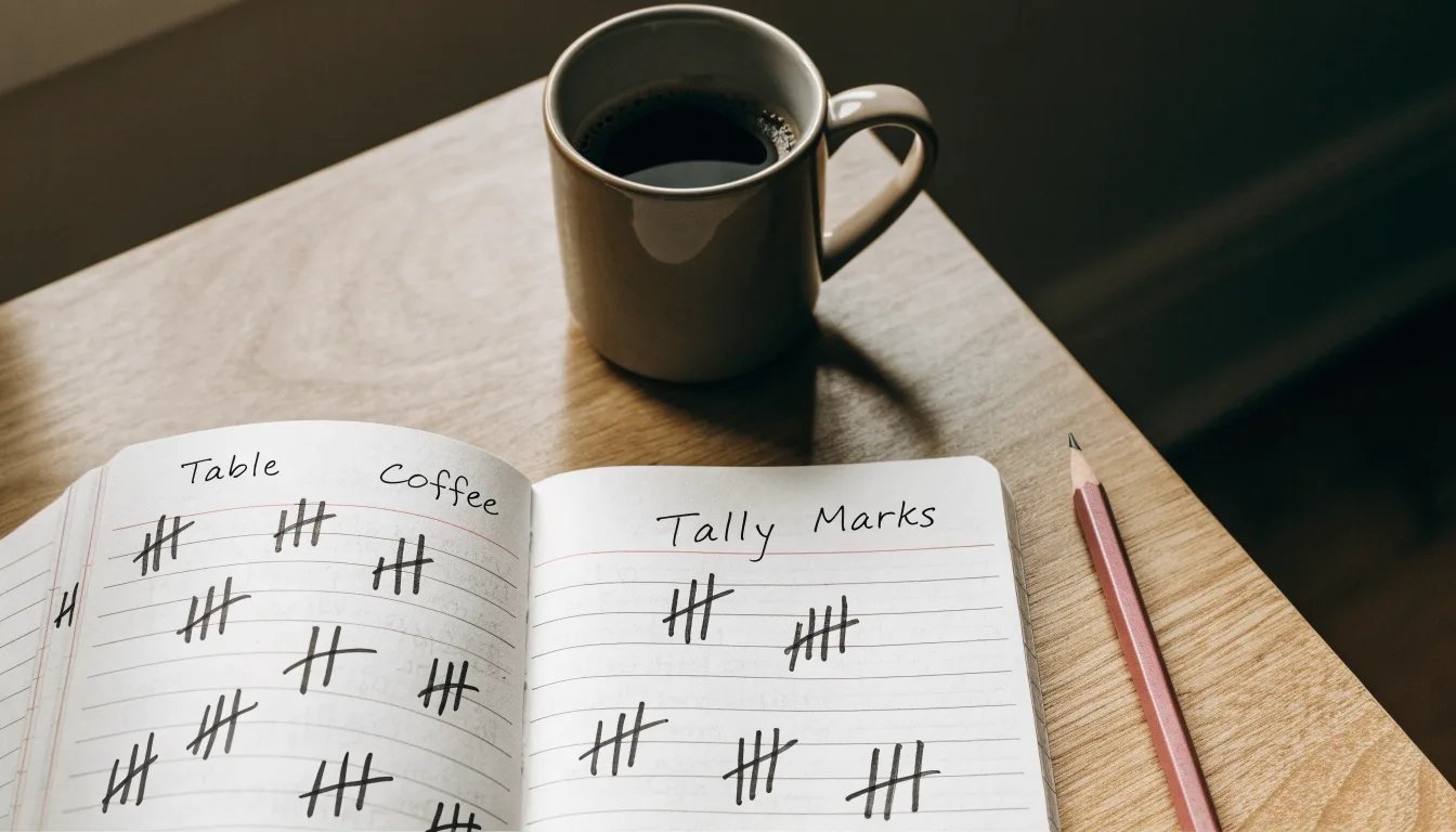 Ein Notizbuch mit handgeschriebenen Strichlisten liegt neben einem Bleistift und einer Kaffeetasse auf einem Holztisch.