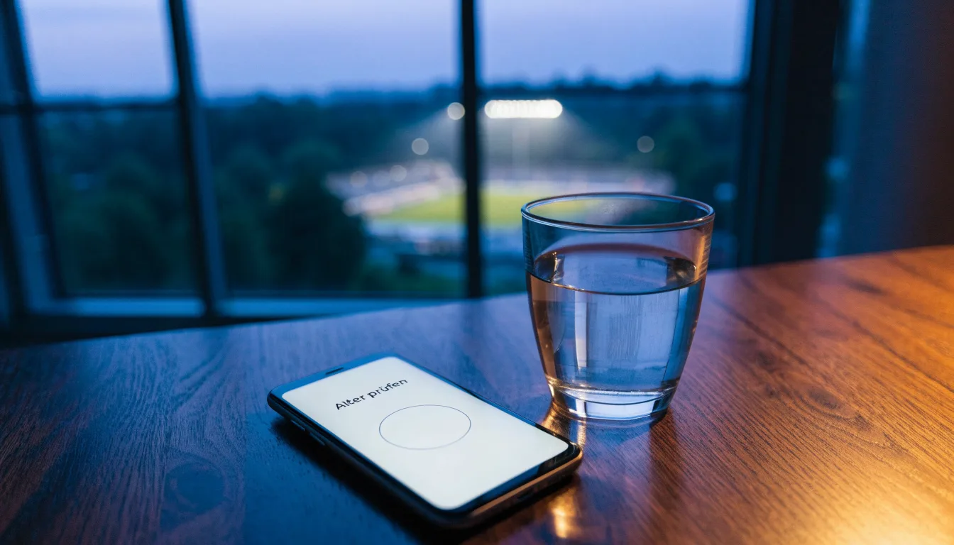 Ein Smartphone mit dunklem Display liegt auf einem Schreibtisch neben einem Glas Wasser, im Fenster dahinter ein Stadion im Dämmerlicht.
