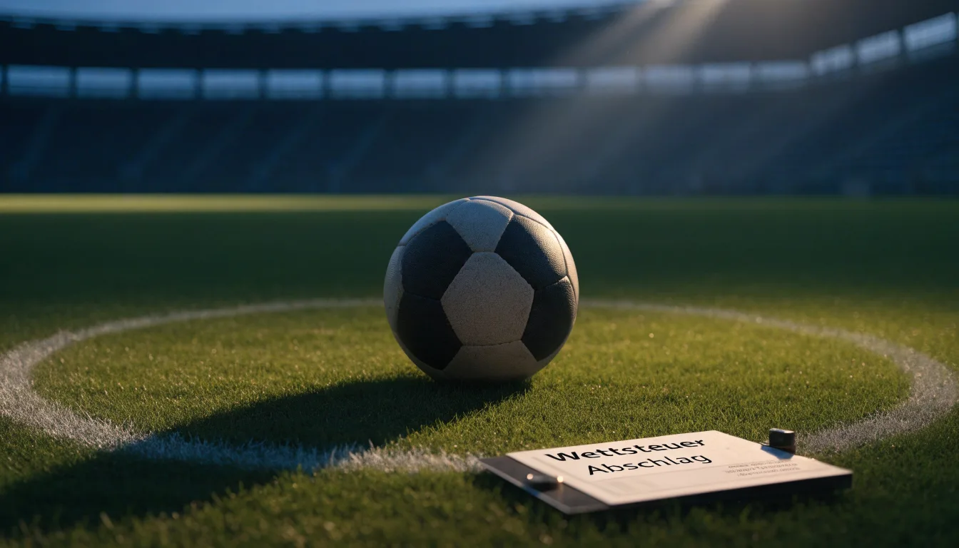 Ein Fußball liegt auf dem Mittelkreis eines leeren Rasenplatzes unter Flutlicht am frühen Abend, die Tribünen sind nur schemenhaft zu erkennen.