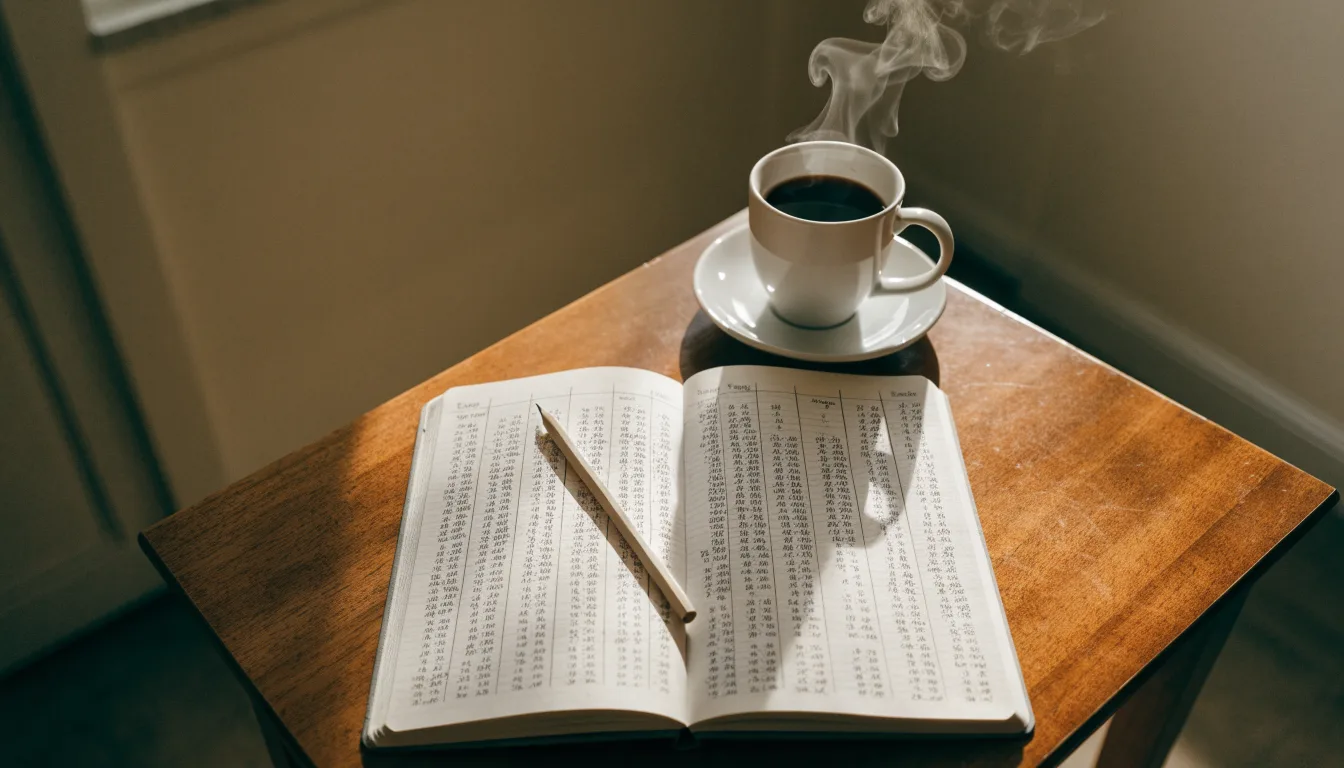 Ein Notizbuch mit handschriftlichen Zahlenreihen und ein Bleistift liegen auf einem Küchentisch neben einer Tasse.