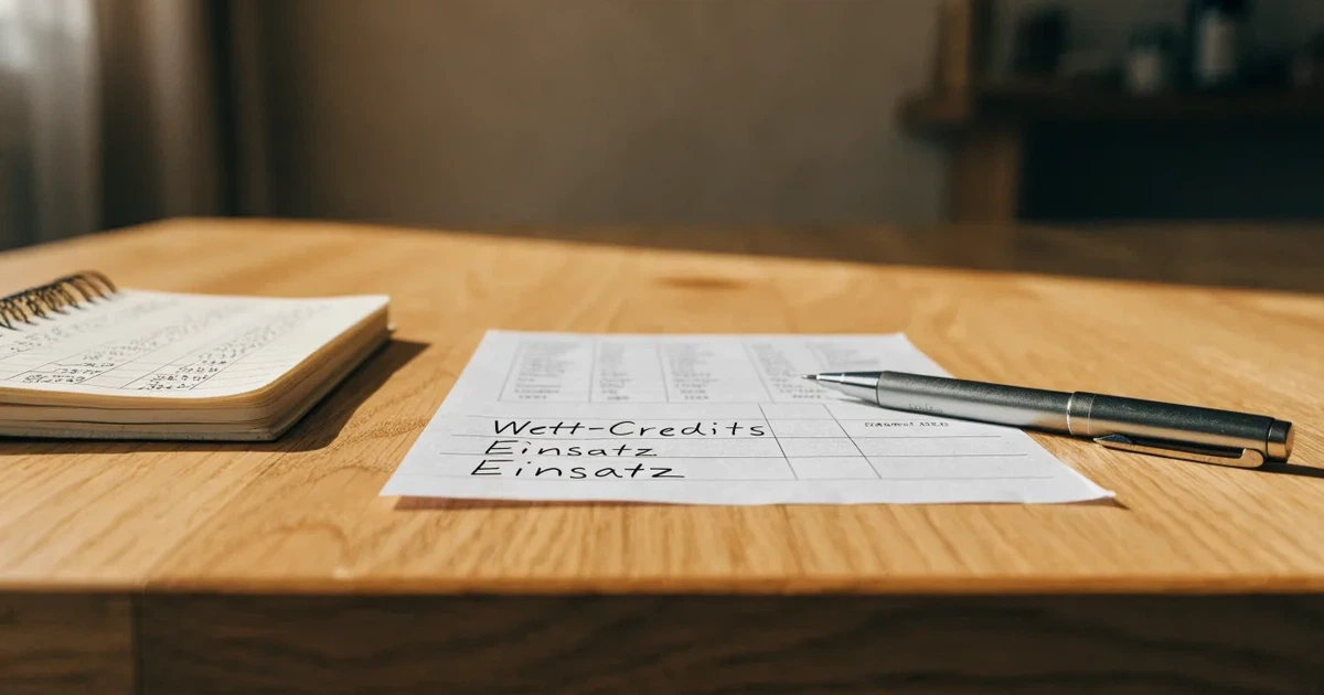 Ein leerer Wettschein aus Papier liegt neben einem Kugelschreiber und einem Taschenrechner auf einem hellen Tisch.