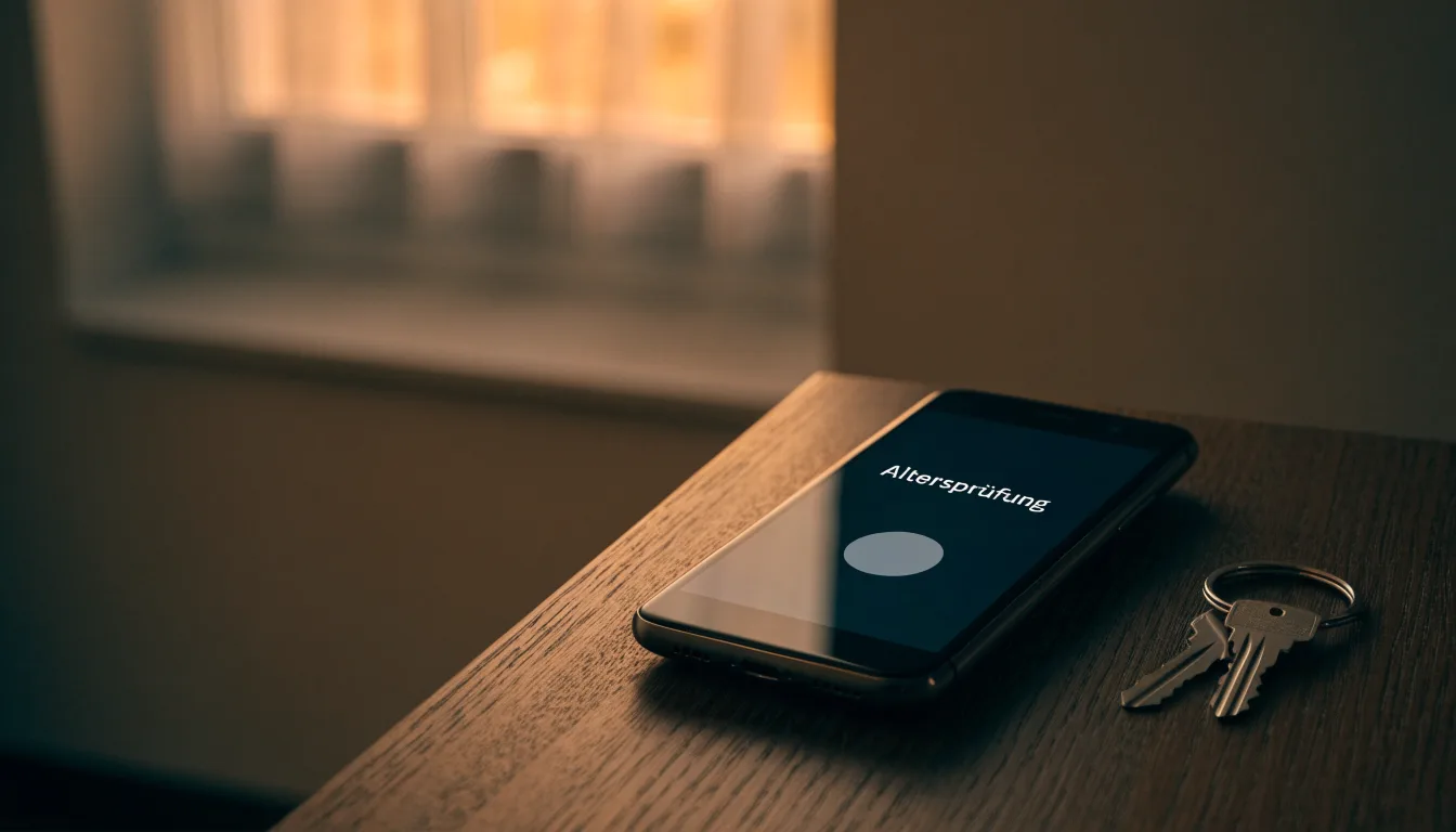 Ein Smartphone mit dunklem Display liegt auf einem Holztisch, daneben ein Schlüsselbund, im Hintergrund ein Fenster mit Abendlicht.