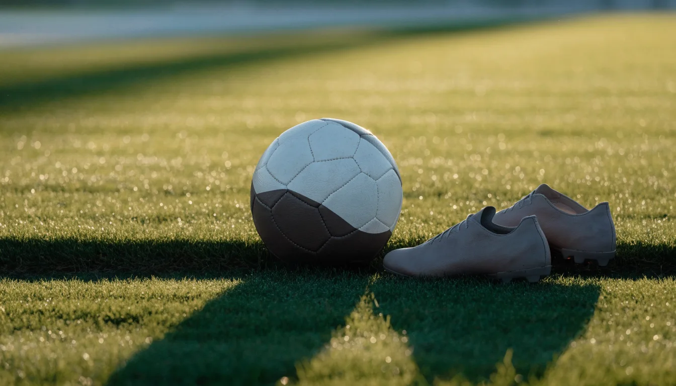 Ein Fußball auf frisch gemähtem Rasen im Morgenlicht, daneben ein Paar Fußballschuhe ohne erkennbare Marke.