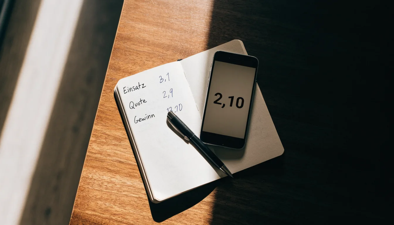 Ein Notizbuch mit handgeschriebenen Zahlen und ein Kugelschreiber liegen auf einem Tisch, daneben ein Smartphone mit schwarzem Bildschirm.