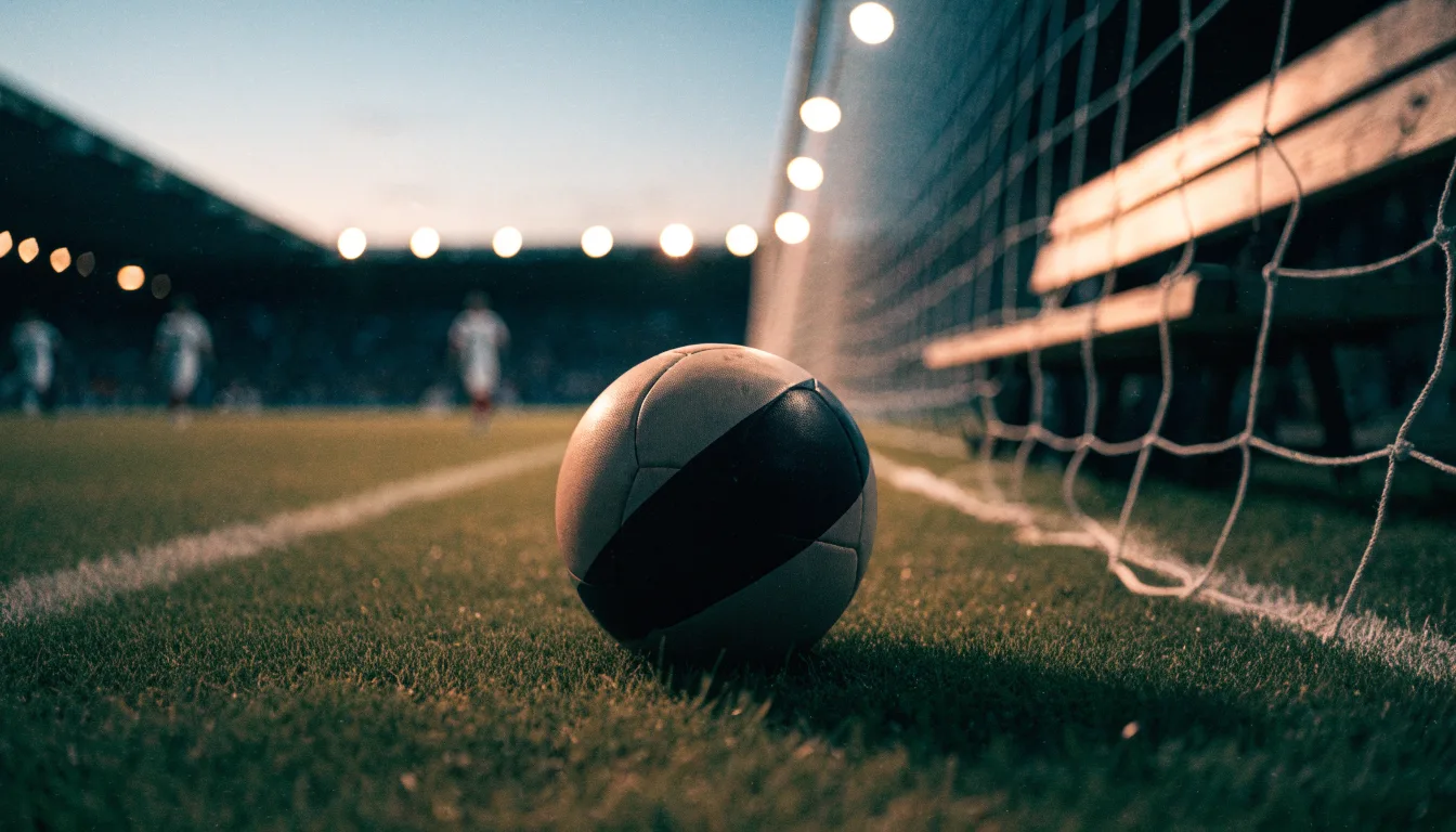 Ein Fußball liegt am Spielfeldrand neben einer leeren Ersatzbank, das Flutlicht über dem Platz leuchtet in der Dämmerung.