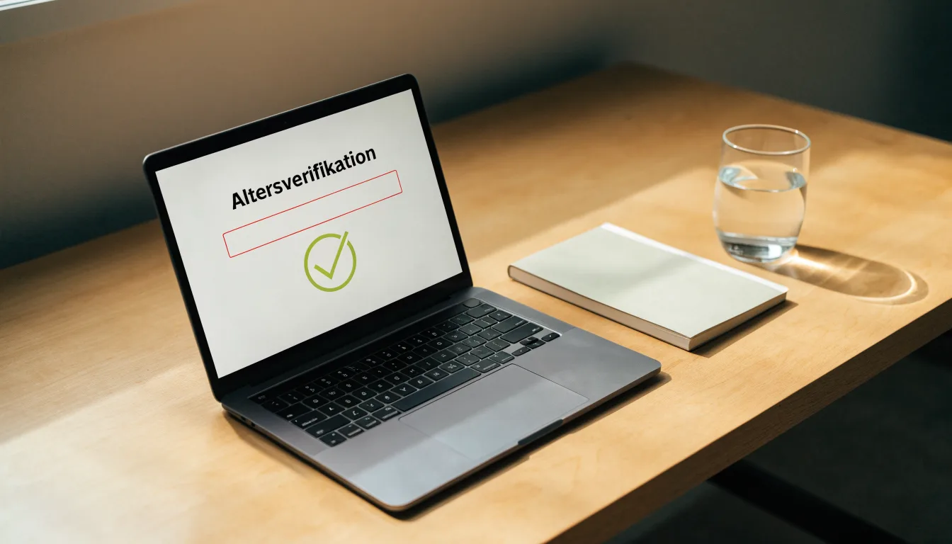 Ein Laptop mit dunklem Bildschirm steht aufgeklappt auf einem Schreibtisch, daneben ein Notizbuch und ein Glas Wasser.