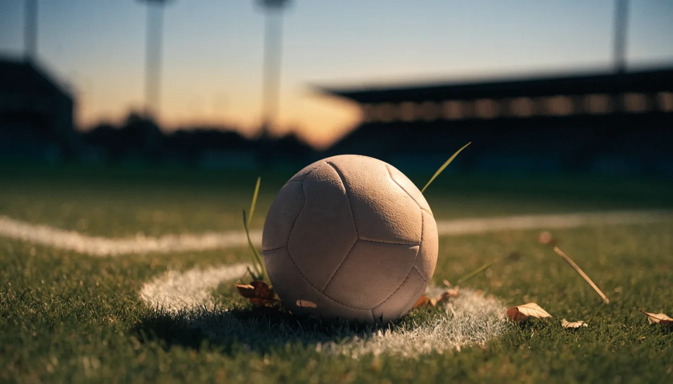 Ein Fußball liegt auf dem Anstoßpunkt eines Rasenplatzes in der Abenddämmerung, Flutlichtmasten stehen unscharf im Hintergrund.