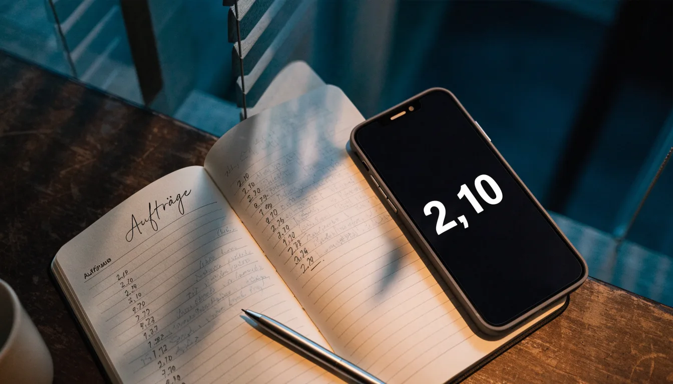 Ein Notizbuch mit handschriftlichen Zahlen liegt neben einem Smartphone mit dunklem Display auf einem Tisch, im Fenster Dämmerlicht.