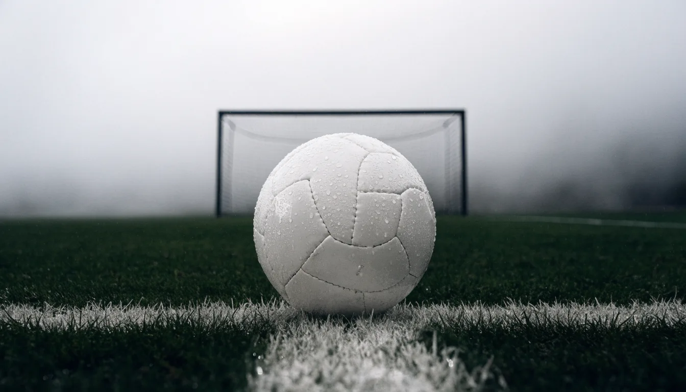 Ein Fußball liegt auf dem Elfmeterpunkt eines nassen Rasenplatzes, im Hintergrund ein leeres Tor im Nebel.