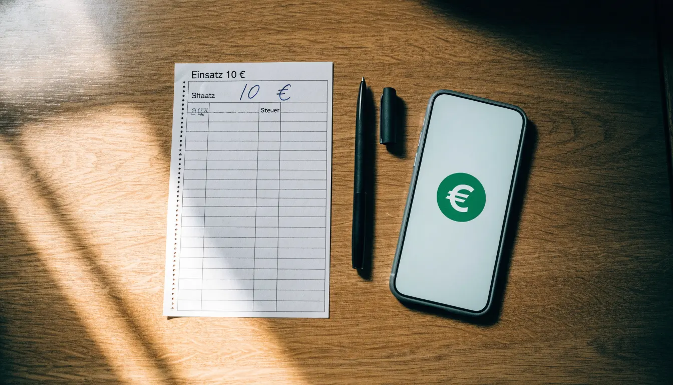 Ein leerer Papier-Wettschein und ein Kugelschreiber liegen auf einem Holztisch neben einem schwarzen Smartphone.