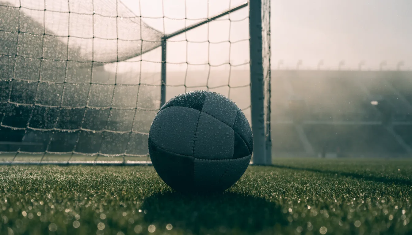 Ein Fußball liegt auf dem Rasen vor einem Tor im Morgennebel, die Netzmaschen sind taufeucht.