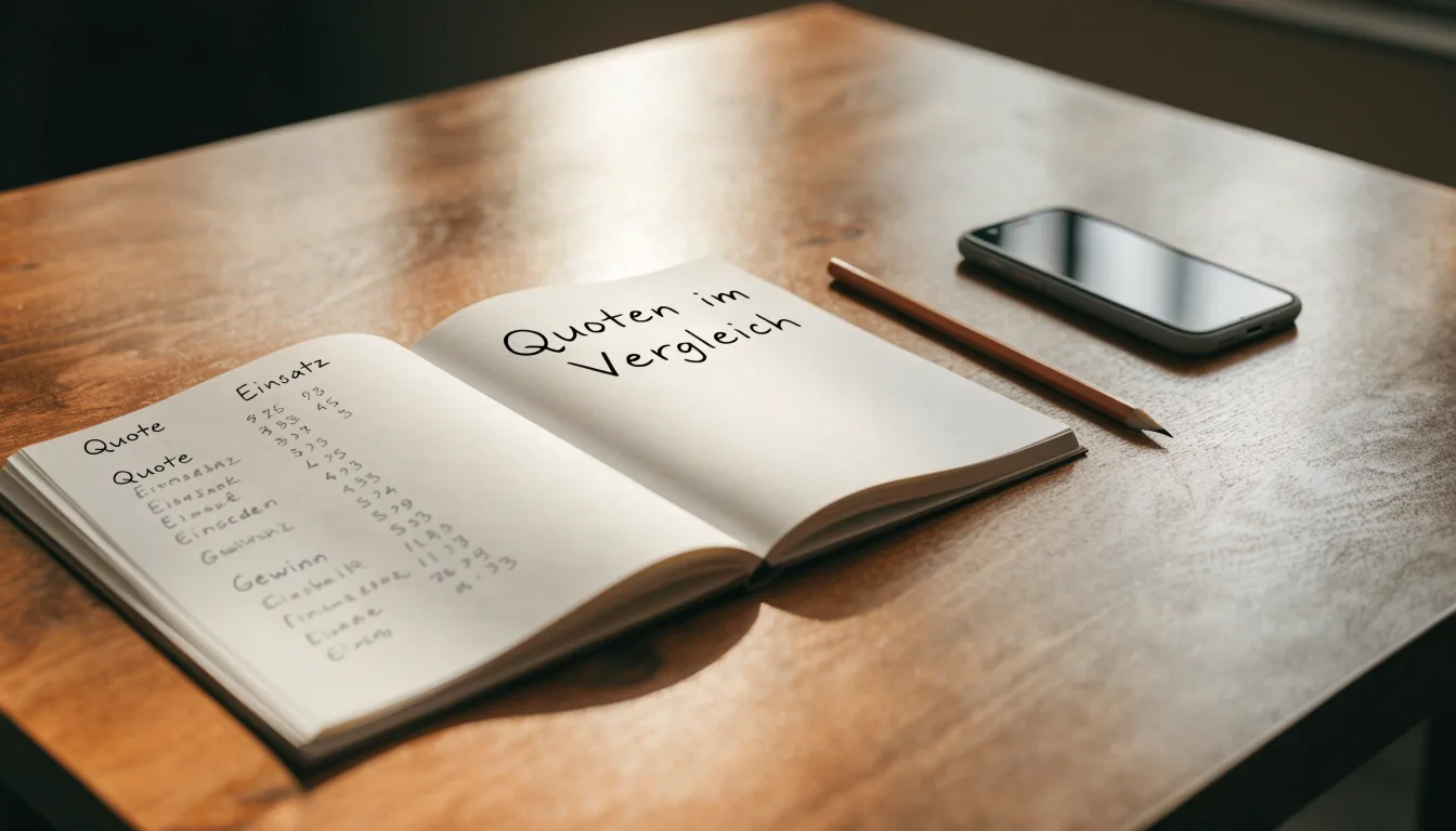 Ein Notizbuch mit handschriftlichen Zahlenreihen liegt neben einem Bleistift und einem Smartphone mit dunklem Display auf einem Tisch.