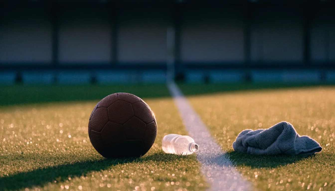 Ein Fußball auf einer Wiese neben der Seitenlinie, daneben eine Trinkflasche ohne Aufdruck und ein Handtuch.