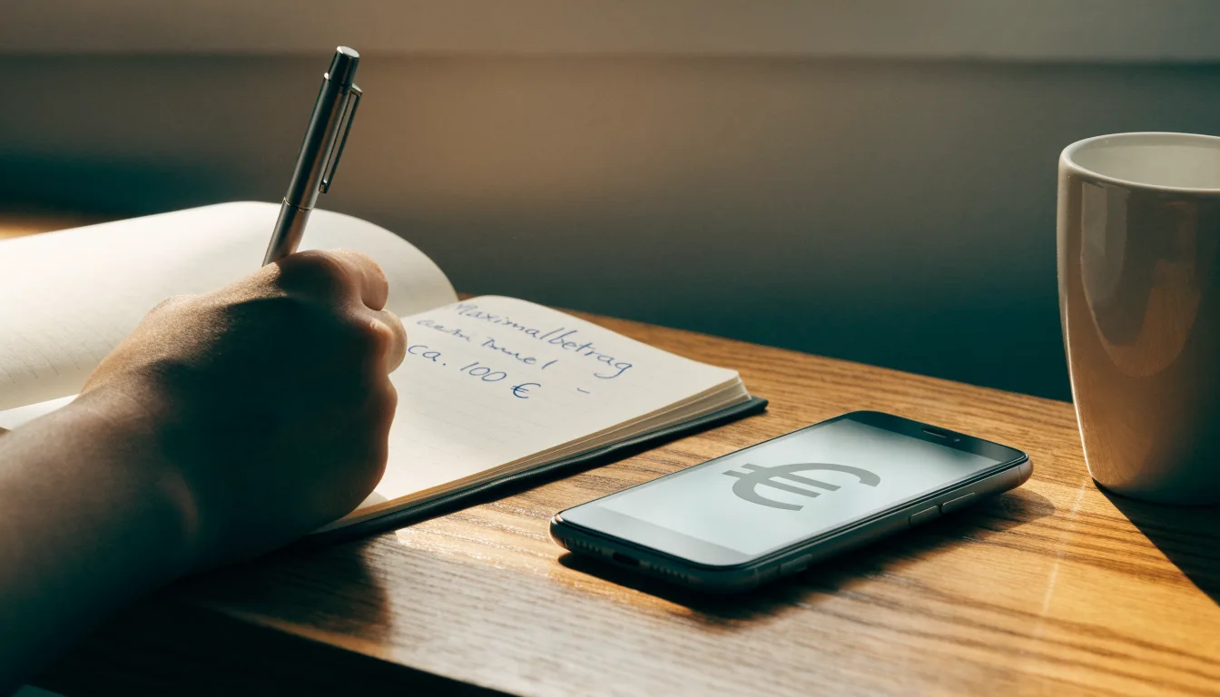 Ein Notizbuch mit handschriftlichen Notizen und ein Taschenrechner liegen auf einem Schreibtisch neben einem Smartphone mit dunklem Display.