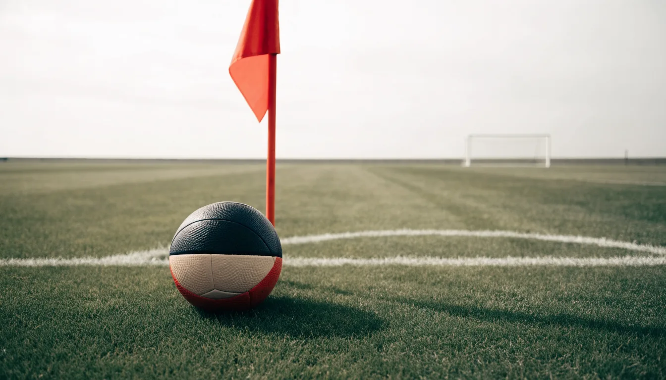 Ein Fußball liegt neben einer Eckfahne auf kurz gemähtem Rasen unter bewölktem Himmel.