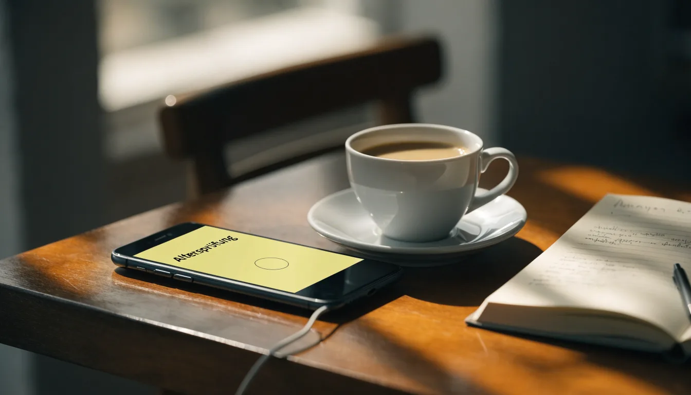Ein Smartphone liegt mit schwarzem Display neben einer Kaffeetasse und einem Notizblock auf einem Café-Tisch.