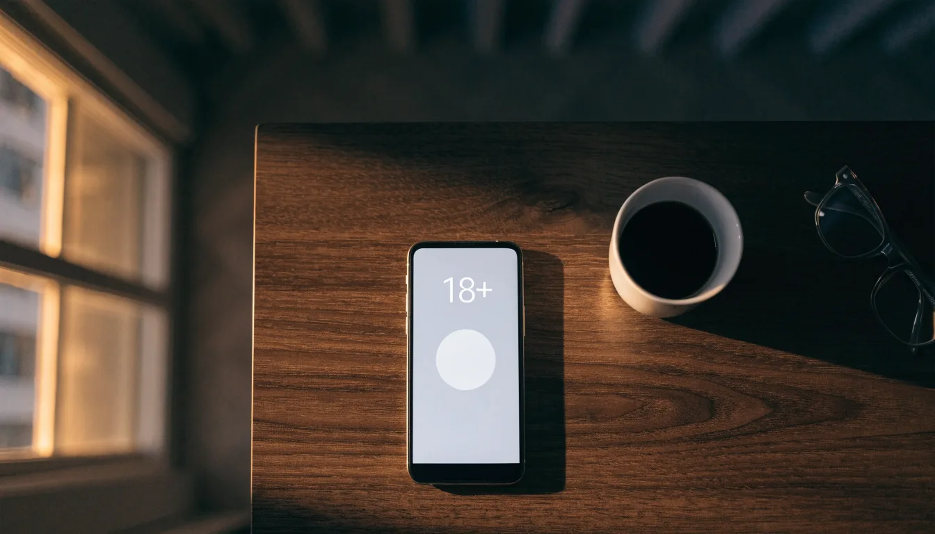 Ein Smartphone mit dunklem Display liegt neben einer Kaffeetasse auf einem Schreibtisch, durch das Fenster fällt Abendlicht.
