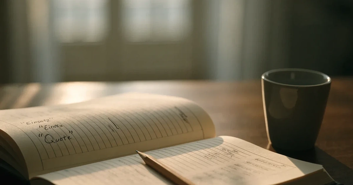 Ein aufgeschlagenes Notizbuch mit handgezeichneten Spalten und Strichen liegt neben einem Bleistift und einer Kaffeetasse auf einem Tisch am Morgen.