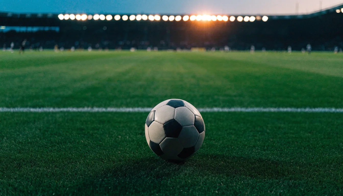 Ein Fußball liegt auf einem Rasenplatz in der Dämmerung, im Hintergrund ein ferner Stadionrand unter Flutlicht.