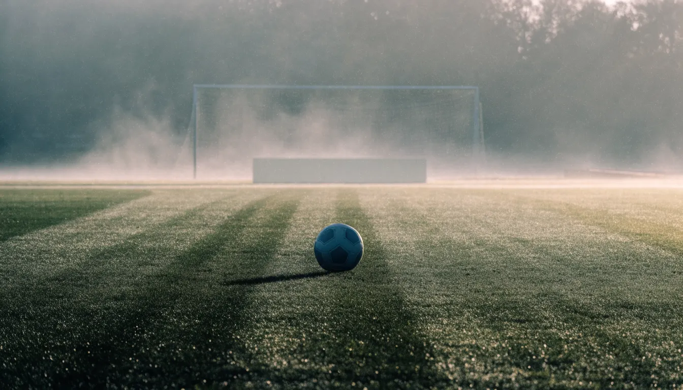 Ein Fußball liegt in der Mitte eines leeren Rasenplatzes im Morgennebel, am Rand steht eine einzelne Auswechselbank.